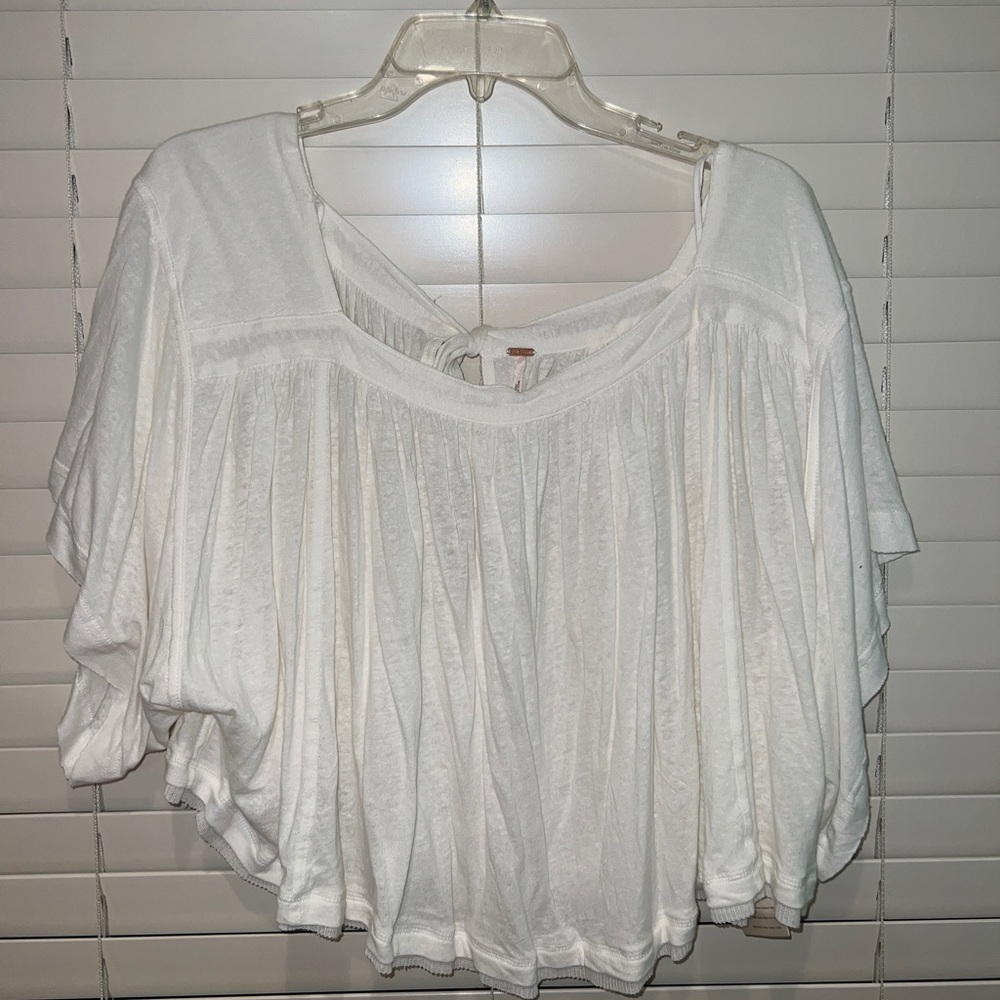 Free People Top Womens Size Small Cream Linen Blend Blouse Tie Back Ladies